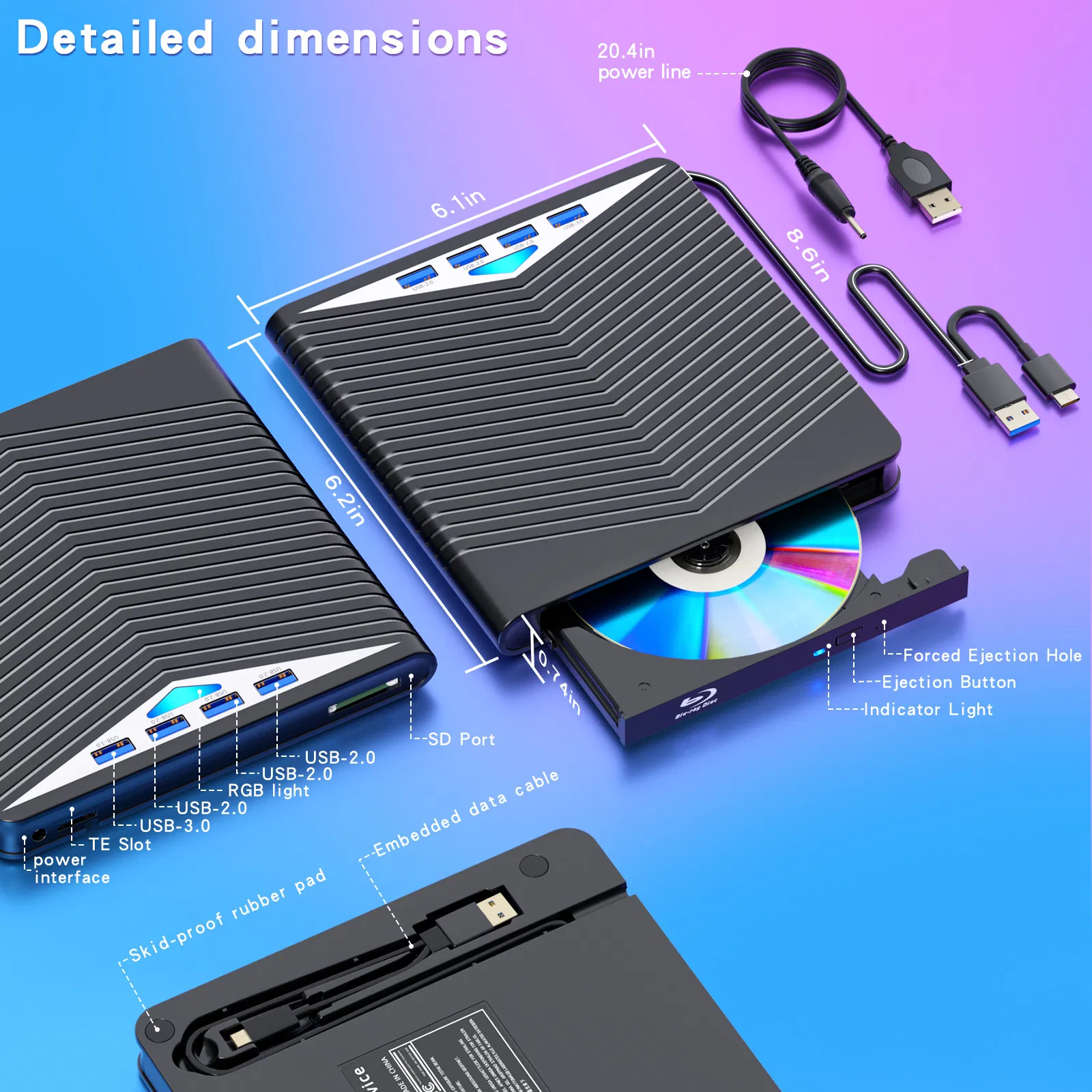7 in 1 USB 3.0 External CD DVD Drive Burner Reader and USB Hub