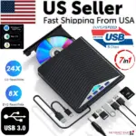 7 in 1 USB 3.0 External CD DVD Drive Burner Reader and USB Hub