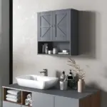 Kleankin Farmhouse Bathroom Medicine Cabinet, Wall Cabinet with Barn Doors and Adjustable Shelf for Laundry Room, Gray - Image 2