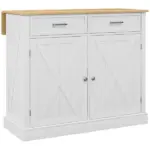 Farmhouse Kitchen Island Cart with Drop Leaf Breakfast Bar, 2 Drawers, Adjustable Shelves, White Wood