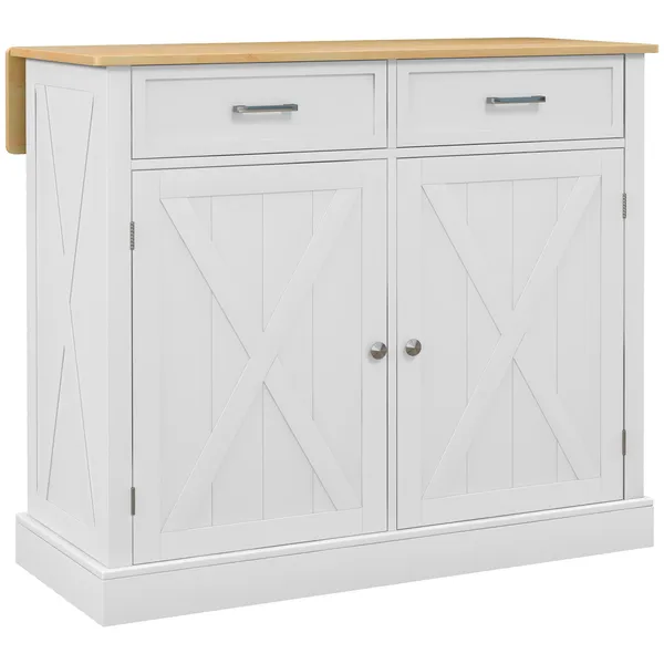 farmhouse-kitchen-island-cart-with-drop-leaf-breakfast-bar-2-drawers-adjustable-shelves-white-wood.webp Farmhouse Kitchen Island Cart with Drop Leaf Breakfast Bar, 2 Drawers, Adjustable Shelves, White Wood - Image 1