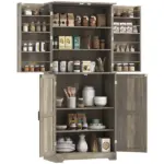 Farmhouse Kitchen Pantry, 72" Tall Pantry Cabinet with 4 Barn Doors, 4 Adjustable Shelves and 8 Door Shelves, Gray Wash - Image 11