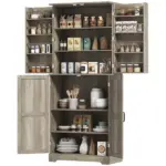 Farmhouse Kitchen Pantry, 72" Tall Pantry Cabinet with 4 Barn Doors, 4 Adjustable Shelves and 8 Door Shelves, Gray Wash