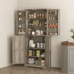 Farmhouse Kitchen Pantry, 72" Tall Pantry Cabinet with 4 Barn Doors, 4 Adjustable Shelves and 8 Door Shelves, Gray Wash - Image 10