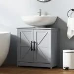 HOMCOM Farmhouse Pedestal Sink Storage Cabinet, Bathroom Sink Cabinet with 2 Barn Doors and Adjustable Shelf, Dark Gray - Image 2