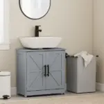 HOMCOM Farmhouse Pedestal Sink Storage Cabinet, Bathroom Sink Cabinet with 2 Barn Doors and Adjustable Shelf, Dark Gray - Image 10