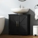 HOMCOM Farmhouse Pedestal Sink Storage Cabinet, Bathroom Sink Cabinet with 2 Barn Doors and Adjustable Shelf, Distressed Black - Image 2