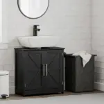 HOMCOM Farmhouse Pedestal Sink Storage Cabinet, Bathroom Sink Cabinet with 2 Barn Doors and Adjustable Shelf, Distressed Black - Image 10