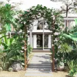 Outsunny Fir Wood Garden Arbor Arch Trellis Pergola Style Roof Climbing Vines Stained Wood 79 inch - Image 2