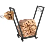 Outsunny Firewood Rack with Wheels, Metal Log Holder with Kindling and Tool Hooks, Indoor/Outdoor, 31.1" x 11.8" x 31.9", Black - Image 11