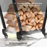 Outsunny Firewood Rack with Wheels, Metal Log Holder with Kindling and Tool Hooks, Indoor/Outdoor, 31.1" x 11.8" x 31.9", Black - Image 5