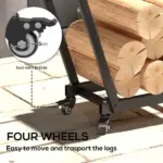 Outsunny Firewood Rack with Wheels, Metal Log Holder with Kindling and Tool Hooks, Indoor/Outdoor, 31.1" x 11.8" x 31.9", Black - Image 6