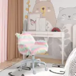 HOMCOM Fluffy Unicorn Vanity Office Chair with Rainbow Swivel Mid-Back Armrest and Nylon Casters Colorful - Image 2