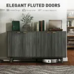 Fluted Sideboard Buffet Cabinet, 55" Coffee Bar Cabinet with 4 Doors, 2 Adjustable Shelves, 5 Wood Legs, Distressed Gray - Image 4