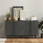 Fluted Sideboard Buffet Cabinet, 55" Coffee Bar Cabinet with 4 Doors, 2 Adjustable Shelves, 5 Wood Legs, Distressed Gray - Image 8