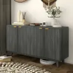 Fluted Sideboard Buffet Cabinet, 55" Coffee Bar Cabinet with 4 Doors, 2 Adjustable Shelves, 5 Wood Legs, Distressed Gray - Image 10