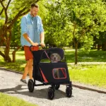 Foldable Doggy Stroller for Medium Large Dogs, Pet Stroller with Storage, Smooth Ride with Shock Absorption, Mesh Window and Safety Leash, Black - Image 2