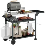 Foldable Grill Cart Table, 3-Shelf Outdoor Kitchen Island on Wheels for BBQ and Pizza Oven, Black - Image 11