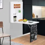 HOMCOM Foldable Wall Desk with Blackboard, Fold Out Convertible Floating Desk with Shelves, White - Image 2
