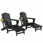 Outsunny Folding Adirondack Chair Set of 2, HDPE Fire Pit Chair with Retractable Ottoman and Cup Holder, Black - Image 11