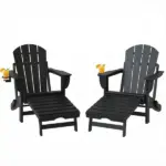 Outsunny Folding Adirondack Chair Set of 2, HDPE Fire Pit Chair with Retractable Ottoman and Cup Holder, Black