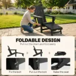 Outsunny Folding Adirondack Chair Set of 2, HDPE Fire Pit Chair with Retractable Ottoman and Cup Holder, Black - Image 6