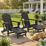 Outsunny Folding Adirondack Chair Set of 2, HDPE Fire Pit Chair with Retractable Ottoman and Cup Holder, Black - Image 9