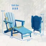 Outsunny Folding Adirondack Chair Set of 2, HDPE Fire Pit Chair with Retractable Ottoman and Cup Holder, Blue - Image 3