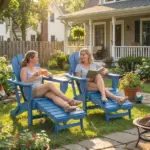 Outsunny Folding Adirondack Chair Set of 2, HDPE Fire Pit Chair with Retractable Ottoman and Cup Holder, Blue - Image 8