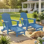 Outsunny Folding Adirondack Chair Set of 2, HDPE Fire Pit Chair with Retractable Ottoman and Cup Holder, Blue - Image 9