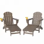 Outsunny Folding Adirondack Chair Set of 2, HDPE Fire Pit Chair with Retractable Ottoman and Cup Holder, Brown