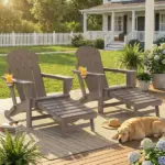Outsunny Folding Adirondack Chair Set of 2, HDPE Fire Pit Chair with Retractable Ottoman and Cup Holder, Brown - Image 9