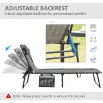 Outsunny Folding Chaise Lounge Chair, 5-Level Adjustable Backrest, Side Pocket and Pillow, Breathable Mesh, for Patio, Garden, Grey - Image 4
