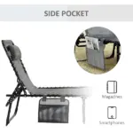 Outsunny Folding Chaise Lounge Chair, 5-Level Adjustable Backrest, Side Pocket and Pillow, Breathable Mesh, for Patio, Garden, Grey - Image 7