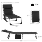 Folding Chaise Lounge Chair with 5 Position Backrest and Pillow, Black - Image 3