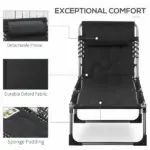 Folding Chaise Lounge Chair with 5 Position Backrest and Pillow, Black - Image 5