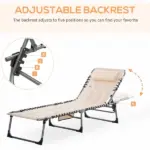 Folding Chaise Lounge Chair, Outdoor Padded Reclining Chair with 5-position Adjustable Backrest, Pillow and Pocket for Patio, Beach, Beige - Image 4