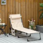Folding Chaise Lounge Chair, Outdoor Padded Reclining Chair with 5-position Adjustable Backrest, Pillow and Pocket for Patio, Beach, Beige - Image 10