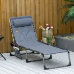 Outsunny Folding Chaise Lounge Chair, Padded Reclining Chair with 5-position Backrest, Pillow and Pocket for Deck, Beach, Lawn and Sunbathing, Grey - Image 2