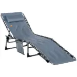 Outsunny Folding Chaise Lounge Chair, Padded Reclining Chair with 5-position Backrest, Pillow and Pocket for Deck, Beach, Lawn and Sunbathing, Grey