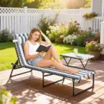 Folding Chaise Lounge Pool Chair with 4-Position Reclining Back, Pillow, Breathable Mesh and Bungee Seat, Blue and White - Image 2