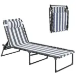 Folding Chaise Lounge Pool Chair with 4-Position Reclining Back, Pillow, Breathable Mesh and Bungee Seat, Blue and White - Image 11