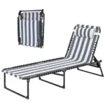 Folding Chaise Lounge Pool Chair with 4-Position Reclining Back, Pillow, Breathable Mesh and Bungee Seat, Blue and White