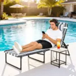 Folding Chaise Lounge Pool Chair with 4-Position Reclining Back, Pillow, Breathable Mesh and Bungee Seat, Blue and White - Image 10