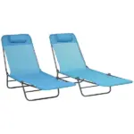 Outsunny Folding Chaise Lounge Pool Chairs, Set of 2 Outdoor Sun Tanning Chairs with Pillow, Reclining Back and Breathable Mesh for Beach, Patio, Blue