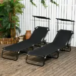 Folding Chaise Lounge Pool Lounge Chairs Set of 2, Outdoor Sun Tanning Chairs with Canopy Shade, Reclining Back, Steel Frame and Side Pocket for Beach, Yard, Patio, Black - Image 2