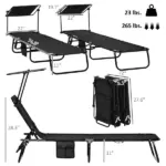 Folding Chaise Lounge Pool Lounge Chairs Set of 2, Outdoor Sun Tanning Chairs with Canopy Shade, Reclining Back, Steel Frame and Side Pocket for Beach, Yard, Patio, Black - Image 3
