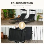 Folding Chaise Lounge Pool Lounge Chairs Set of 2, Outdoor Sun Tanning Chairs with Canopy Shade, Reclining Back, Steel Frame and Side Pocket for Beach, Yard, Patio, Black - Image 6