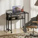 Folding Computer Desk, Foldable Desk with Storage Bag, Shelf and Wheels for Small Spaces, Home Office, Black - Image 7