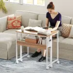 Folding Computer Desk, Foldable Desk with Storage Bag, Shelf and Wheels for Small Spaces, Home Office, Natural Wood - Image 2